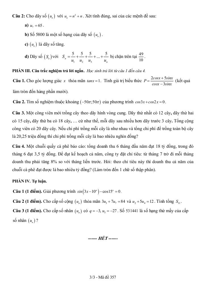 đề giữa kì 1 toán 11 năm 2025 – 2026 trường thpt trà ôn – vĩnh long 2