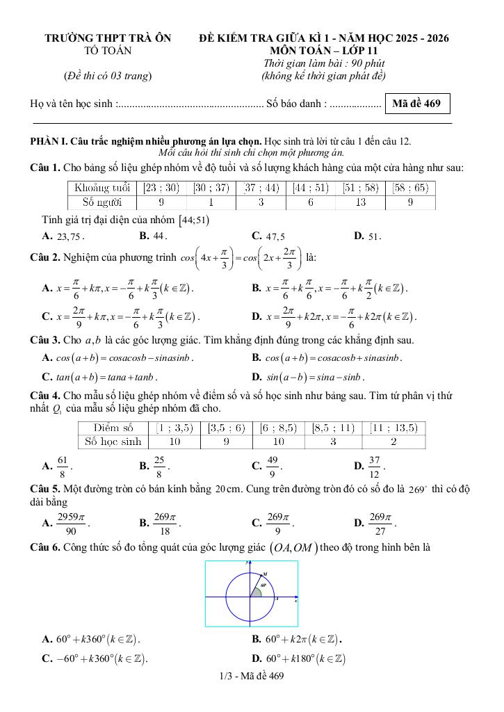đề giữa kì 1 toán 11 năm 2025 – 2026 trường thpt trà ôn – vĩnh long 3