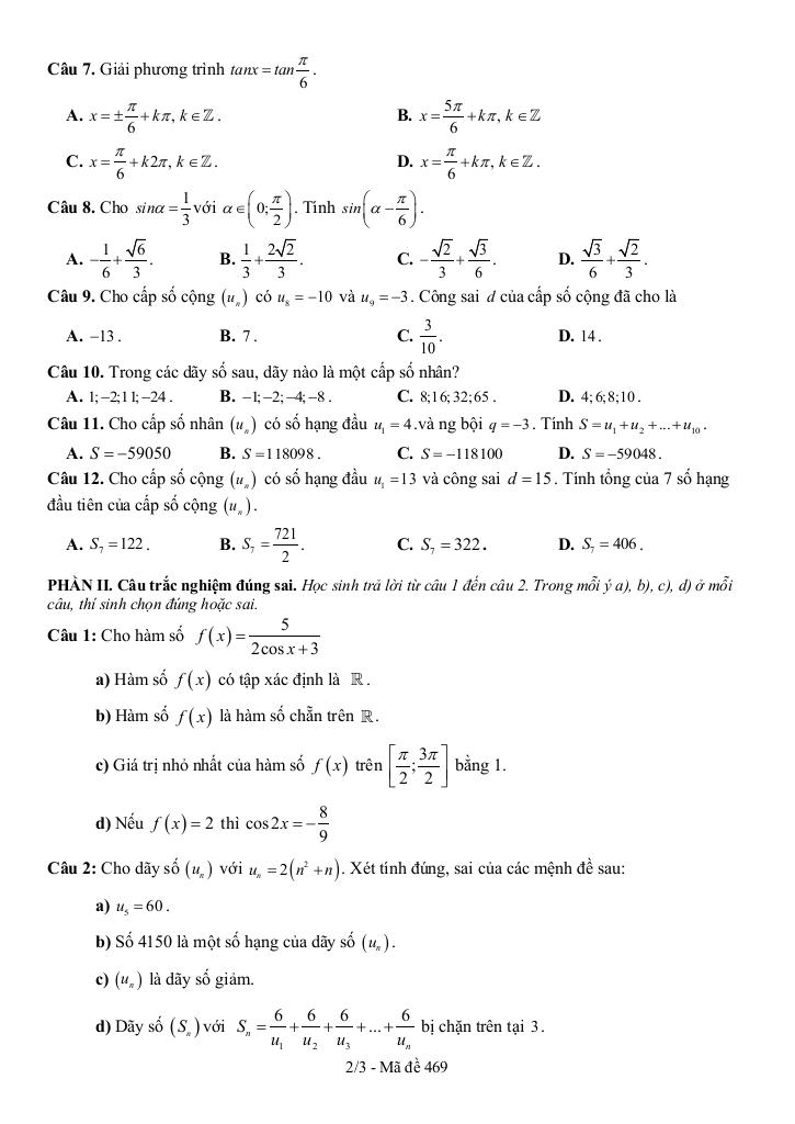 đề giữa kì 1 toán 11 năm 2025 – 2026 trường thpt trà ôn – vĩnh long 4