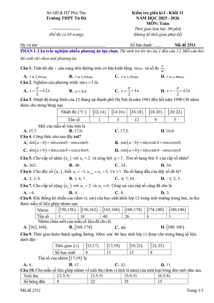 đề giữa kì 1 toán 11 năm 2025 – 2026 trường thpt tử đà – phú thọ 0