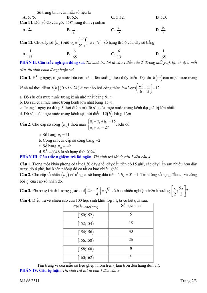 đề giữa kì 1 toán 11 năm 2025 – 2026 trường thpt tử đà – phú thọ 1