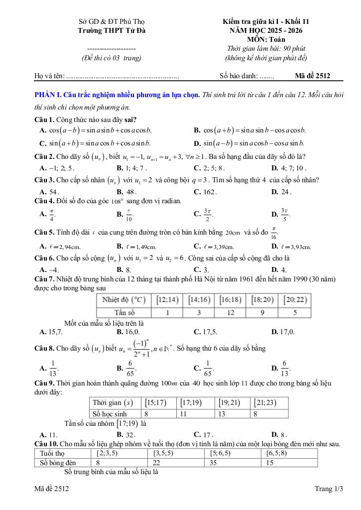 đề giữa kì 1 toán 11 năm 2025 – 2026 trường thpt tử đà – phú thọ 3