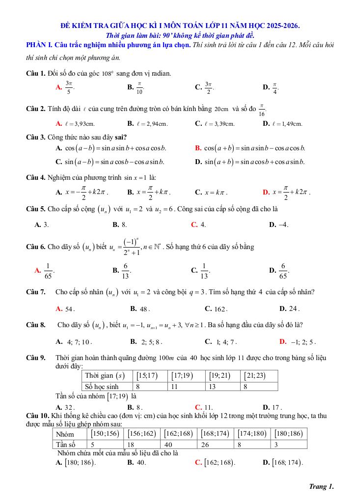 đề giữa kì 1 toán 11 năm 2025 – 2026 trường thpt tử đà – phú thọ 6