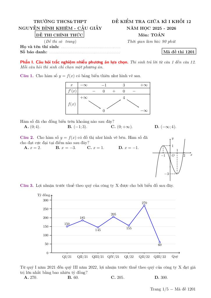 đề giữa kì 1 toán 12 năm 2025 – 2026 trường nguyễn bỉnh khiêm – hà nội 0
