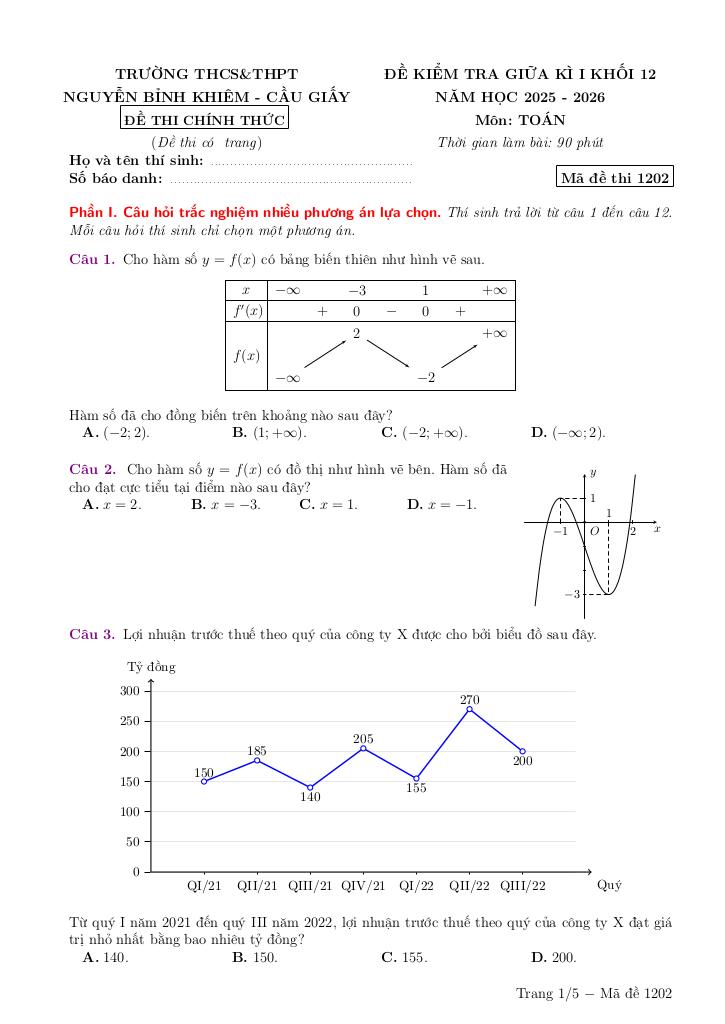 đề giữa kì 1 toán 12 năm 2025 – 2026 trường nguyễn bỉnh khiêm – hà nội 5