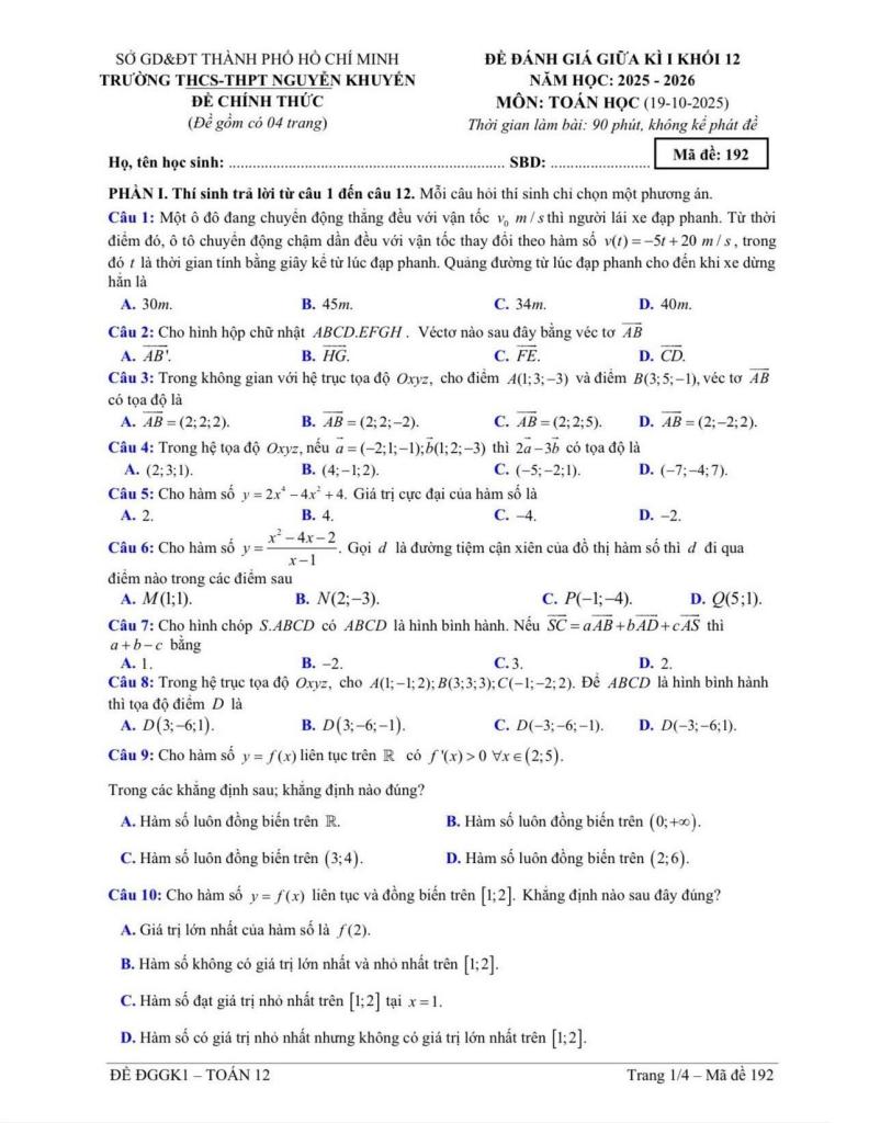 đề giữa kì 1 toán 12 năm 2025 – 2026 trường nguyễn khuyến – tp hcm 0