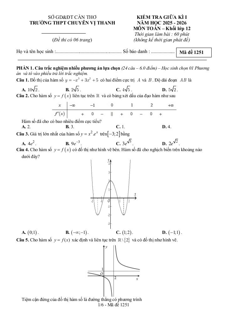 đề giữa kì 1 toán 12 năm 2025 – 2026 trường thpt chuyên vị thanh – cần thơ 0