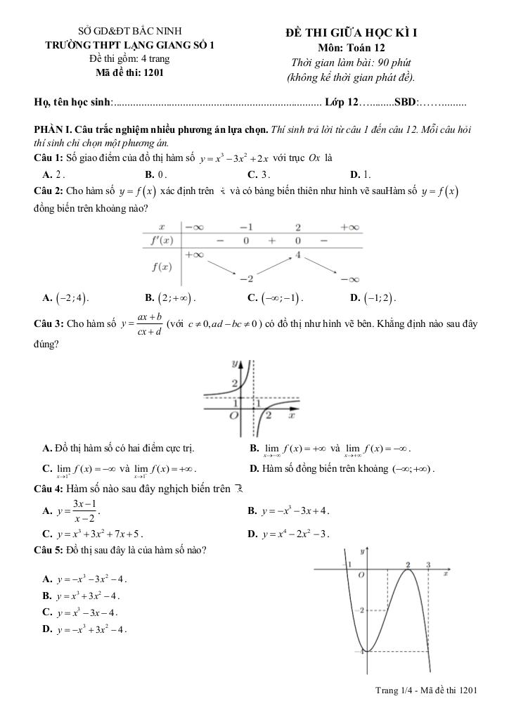 đề giữa kì 1 toán 12 năm 2025 – 2026 trường thpt lạng giang 1 – bắc ninh 0