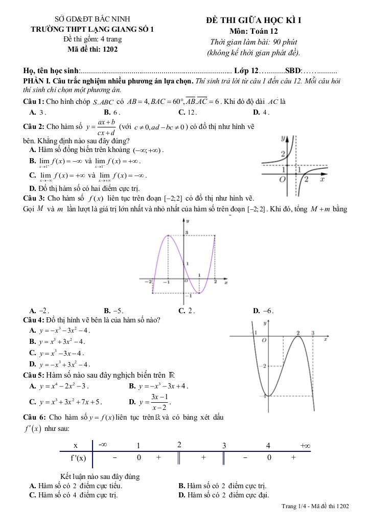 đề giữa kì 1 toán 12 năm 2025 – 2026 trường thpt lạng giang 1 – bắc ninh 4