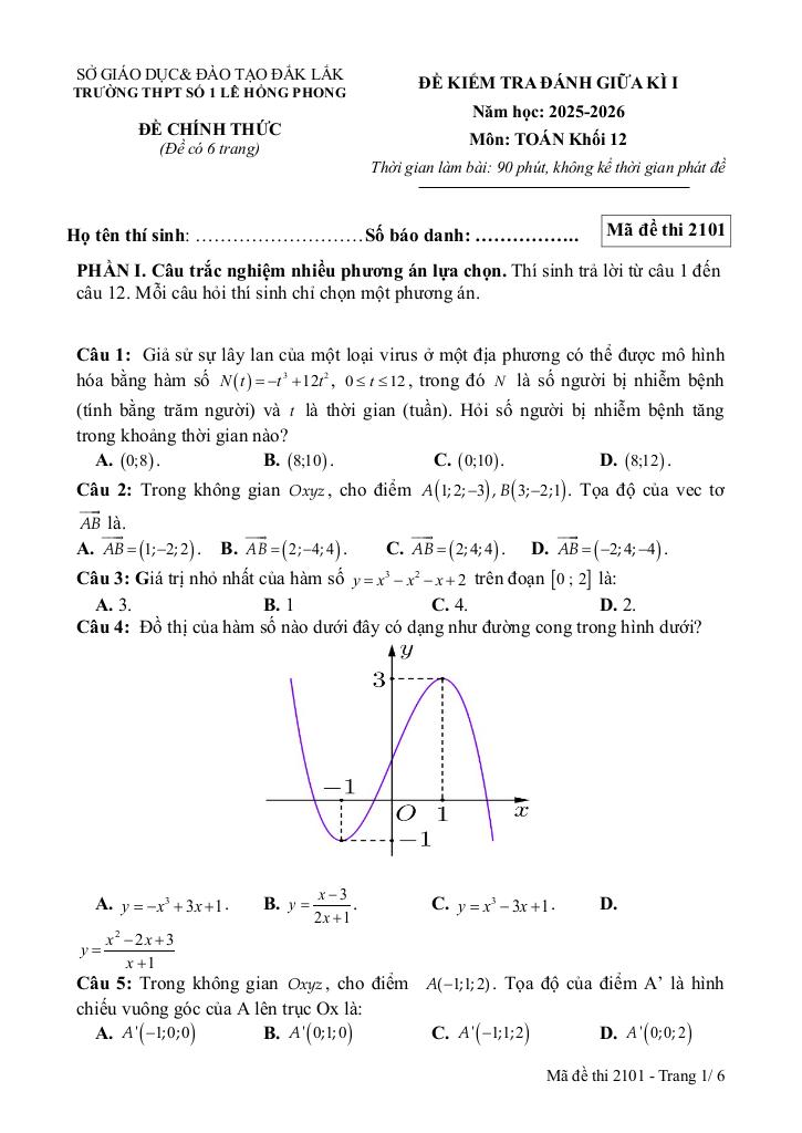 đề giữa kì 1 toán 12 năm 2025 – 2026 trường thpt lê hồng phong 1 – đắk lắk 0
