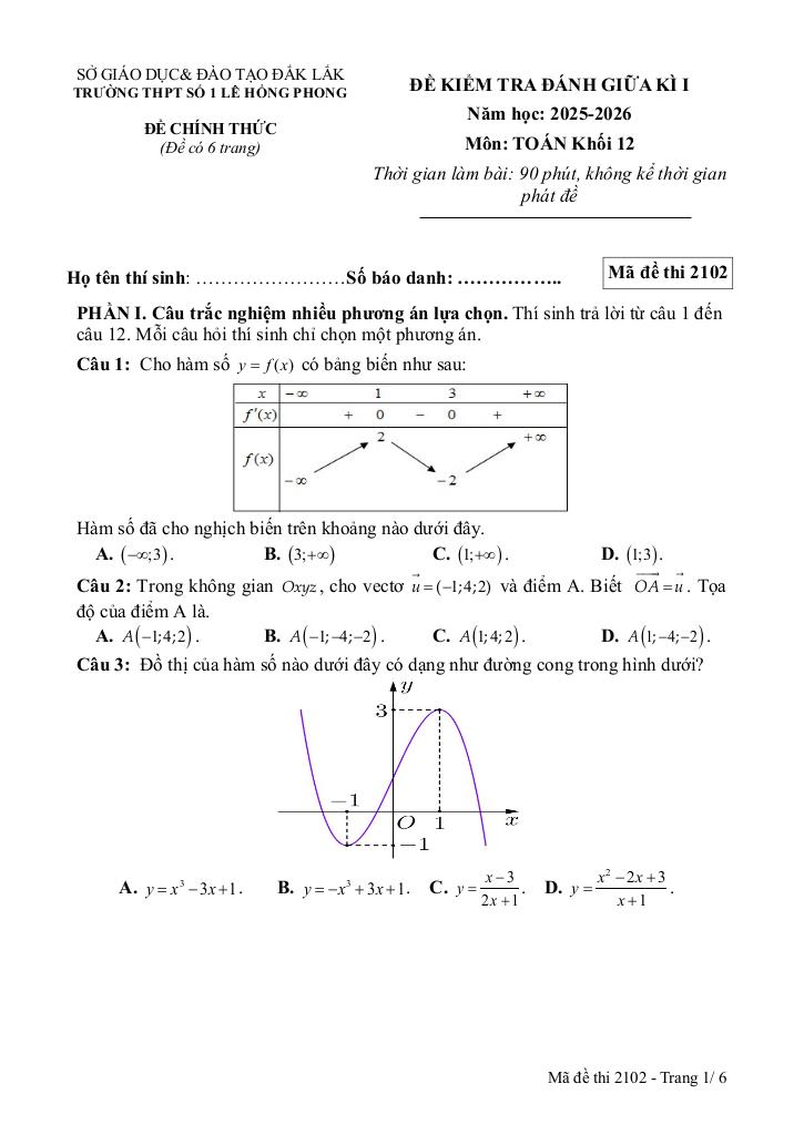 đề giữa kì 1 toán 12 năm 2025 – 2026 trường thpt lê hồng phong 1 – đắk lắk 6