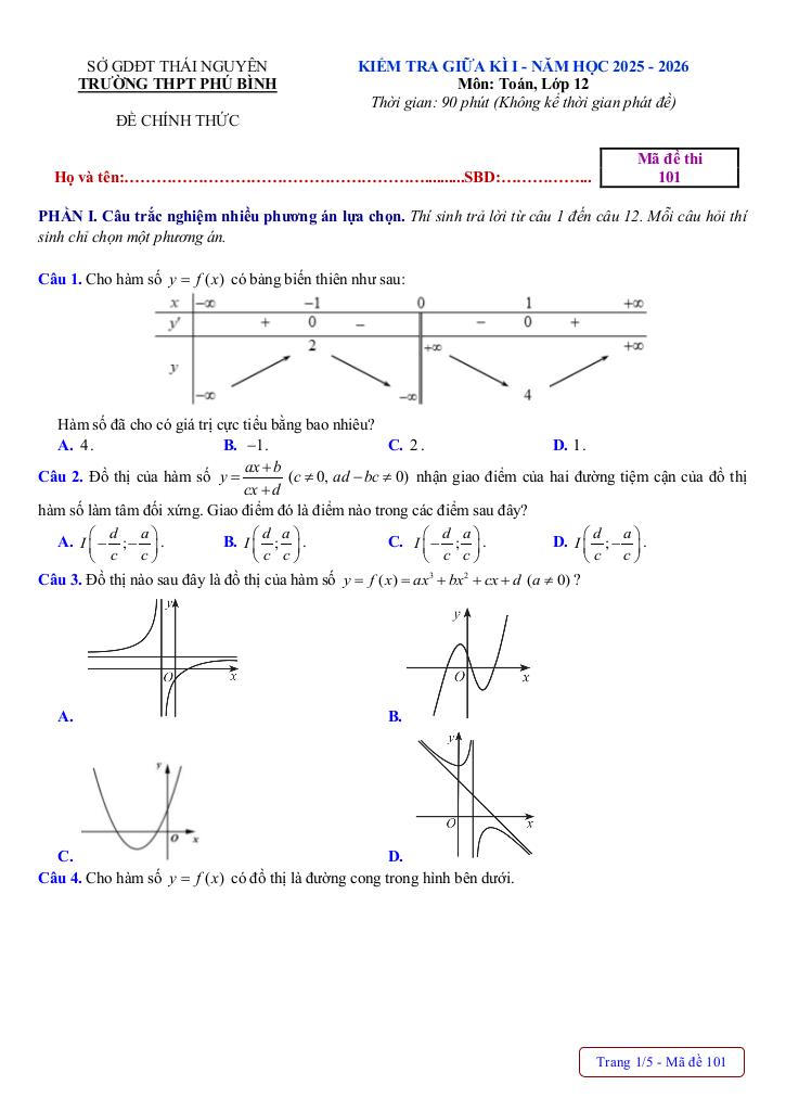 đề giữa kì 1 toán 12 năm 2025 – 2026 trường thpt phú bình – thái nguyên 0