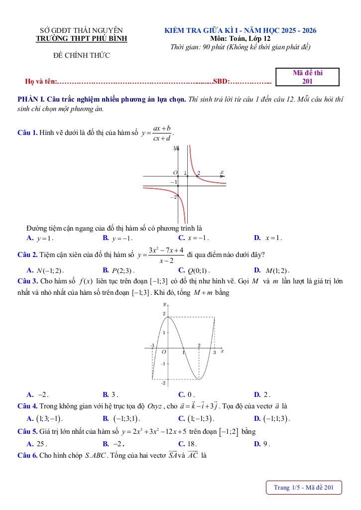 đề giữa kì 1 toán 12 năm 2025 – 2026 trường thpt phú bình – thái nguyên 5
