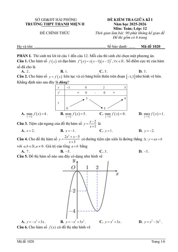 đề giữa kì 1 toán 12 năm 2025 – 2026 trường thpt thanh miện 2 – hải phòng 6