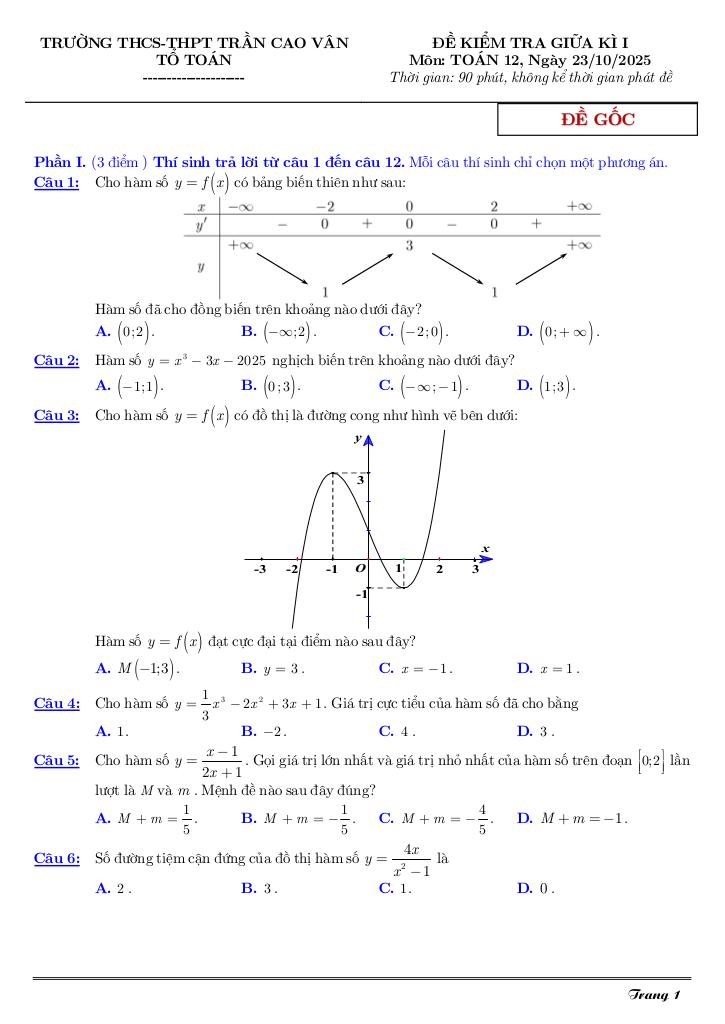 đề giữa kì 1 toán 12 năm 2025 – 2026 trường trần cao vân – tp hcm 0