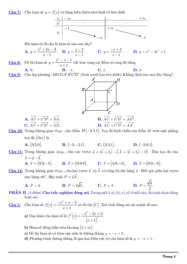 đề giữa kì 1 toán 12 năm 2025 – 2026 trường trần cao vân – tp hcm 1