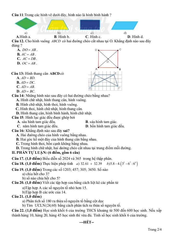 đề giữa kì 1 toán 6 năm 2024 – 2025 trường thcs châu văn liêm – cần thơ 1
