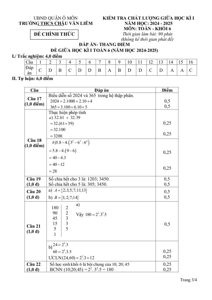 đề giữa kì 1 toán 6 năm 2024 – 2025 trường thcs châu văn liêm – cần thơ 2