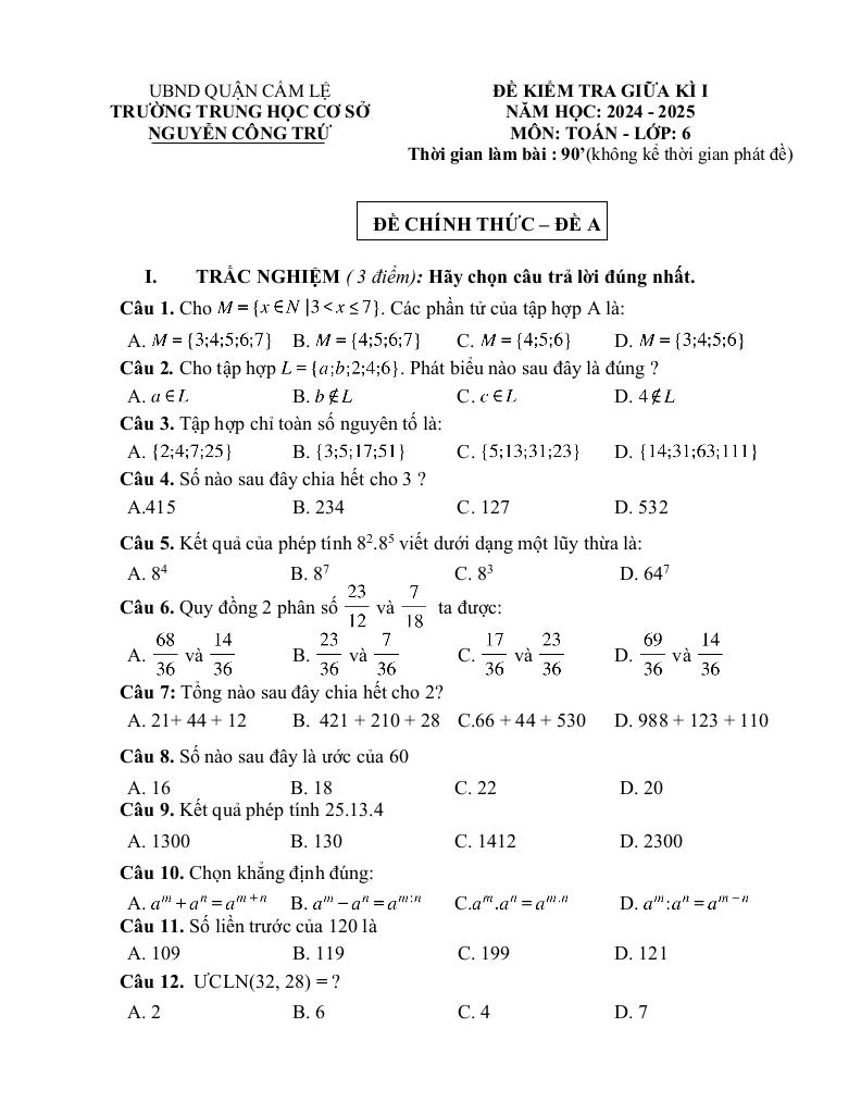 đề giữa kì 1 toán 6 năm 2024 – 2025 trường thcs nguyễn công trứ – đà nẵng 3