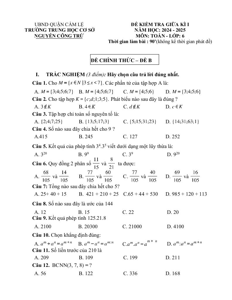 đề giữa kì 1 toán 6 năm 2024 – 2025 trường thcs nguyễn công trứ – đà nẵng 5