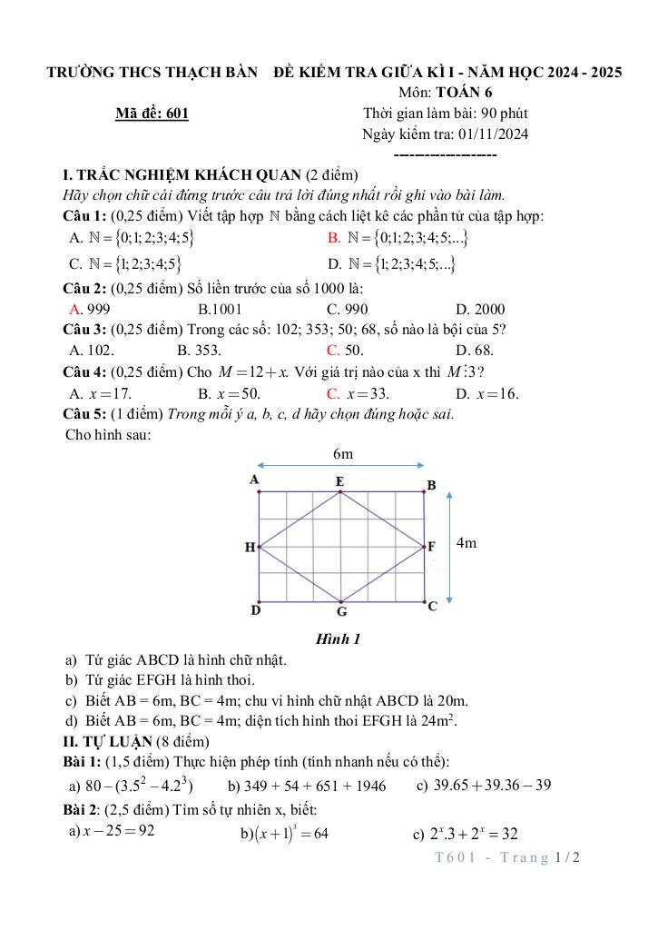 đề giữa kì 1 toán 6 năm 2024 – 2025 trường thcs thạch bàn – hà nội 0
