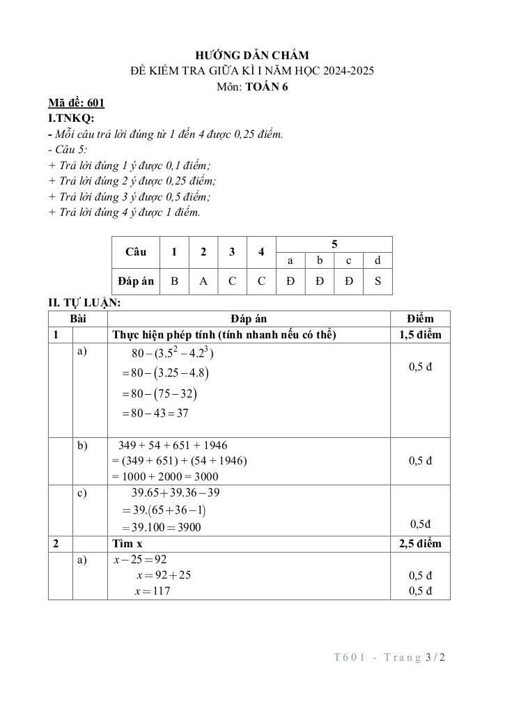 đề giữa kì 1 toán 6 năm 2024 – 2025 trường thcs thạch bàn – hà nội 2