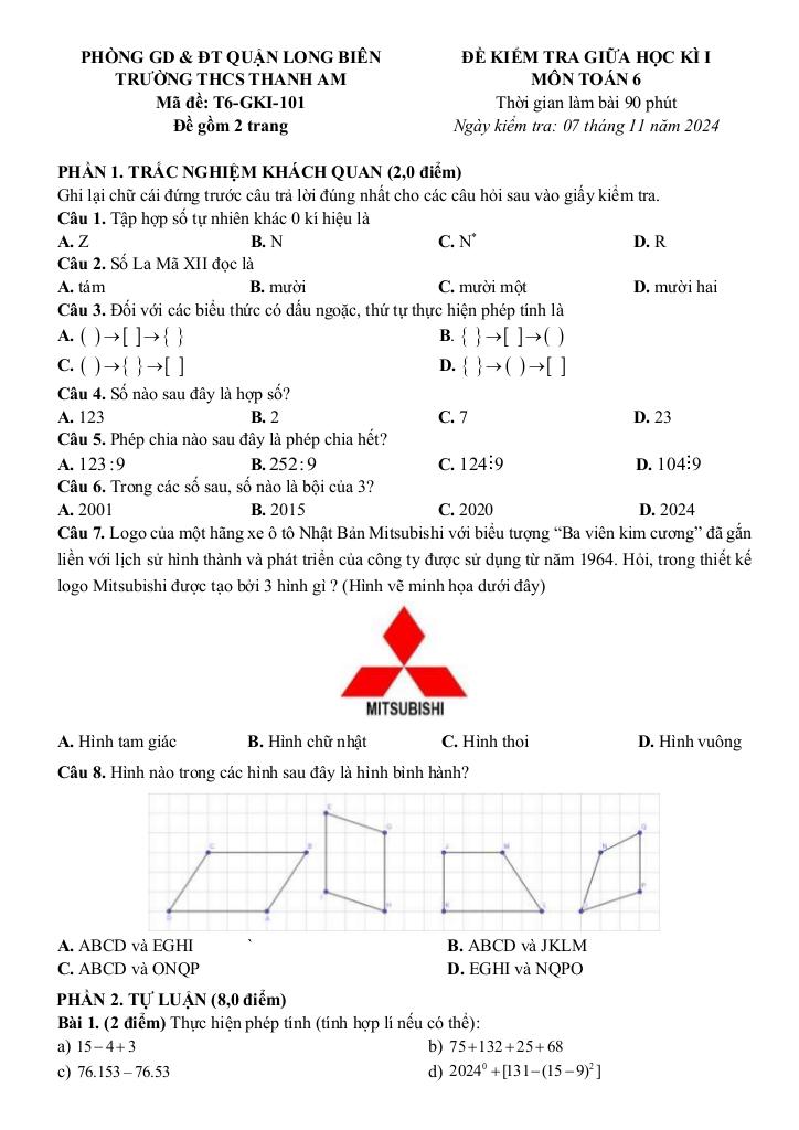 đề giữa kì 1 toán 6 năm 2024 – 2025 trường thcs thanh am – hà nội 4