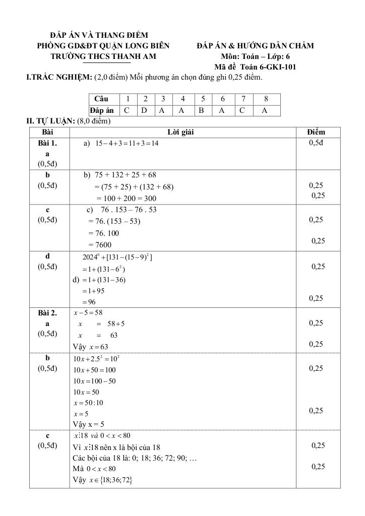 đề giữa kì 1 toán 6 năm 2024 – 2025 trường thcs thanh am – hà nội 6