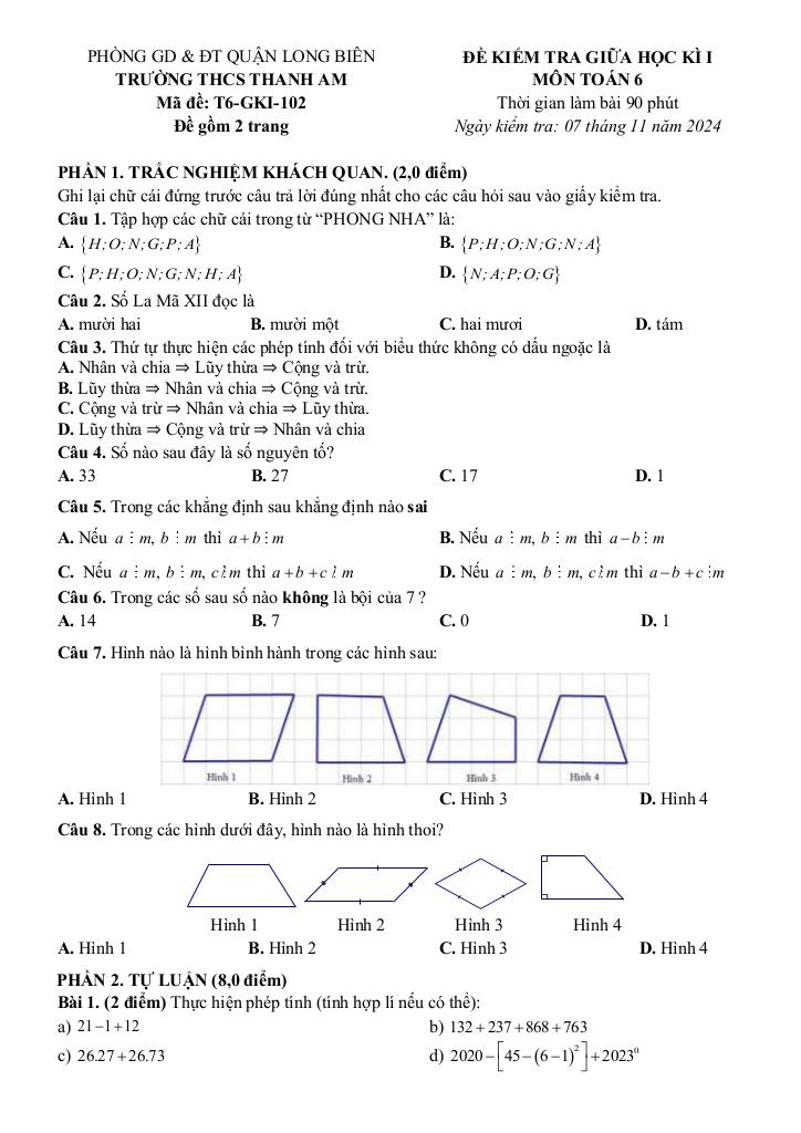 đề giữa kì 1 toán 6 năm 2024 – 2025 trường thcs thanh am – hà nội 8