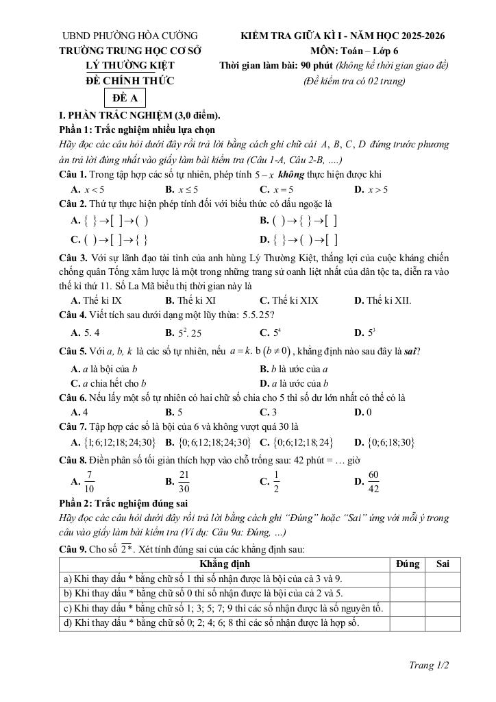 đề giữa kì 1 toán 6 năm 2025 – 2026 trường thcs lý thường kiệt – đà nẵng 0
