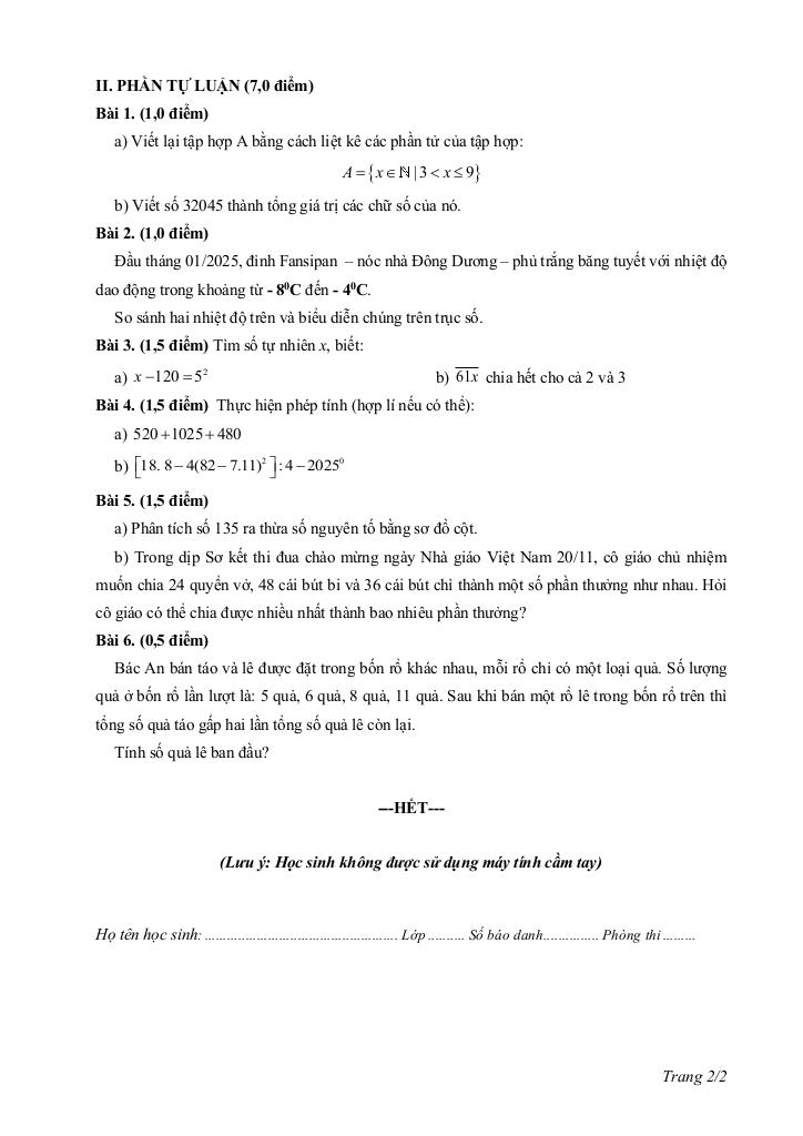đề giữa kì 1 toán 6 năm 2025 – 2026 trường thcs lý thường kiệt – đà nẵng 1