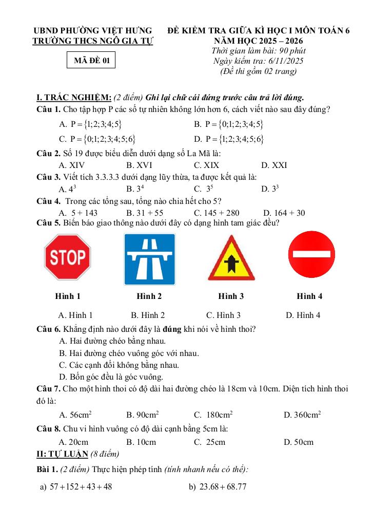đề giữa kì 1 toán 6 năm 2025 – 2026 trường thcs ngô gia tự – hà nội 0