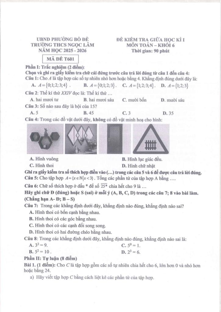 đề giữa kì 1 toán 6 năm 2025 – 2026 trường thcs ngọc lâm – hà nội 0