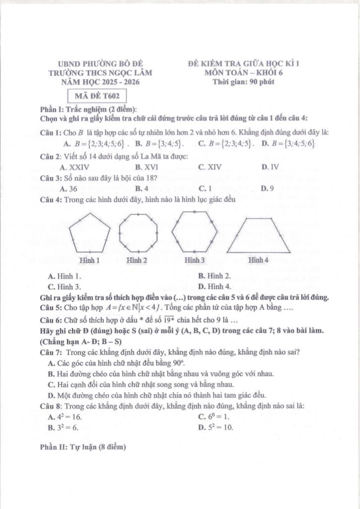 đề giữa kì 1 toán 6 năm 2025 – 2026 trường thcs ngọc lâm – hà nội 2