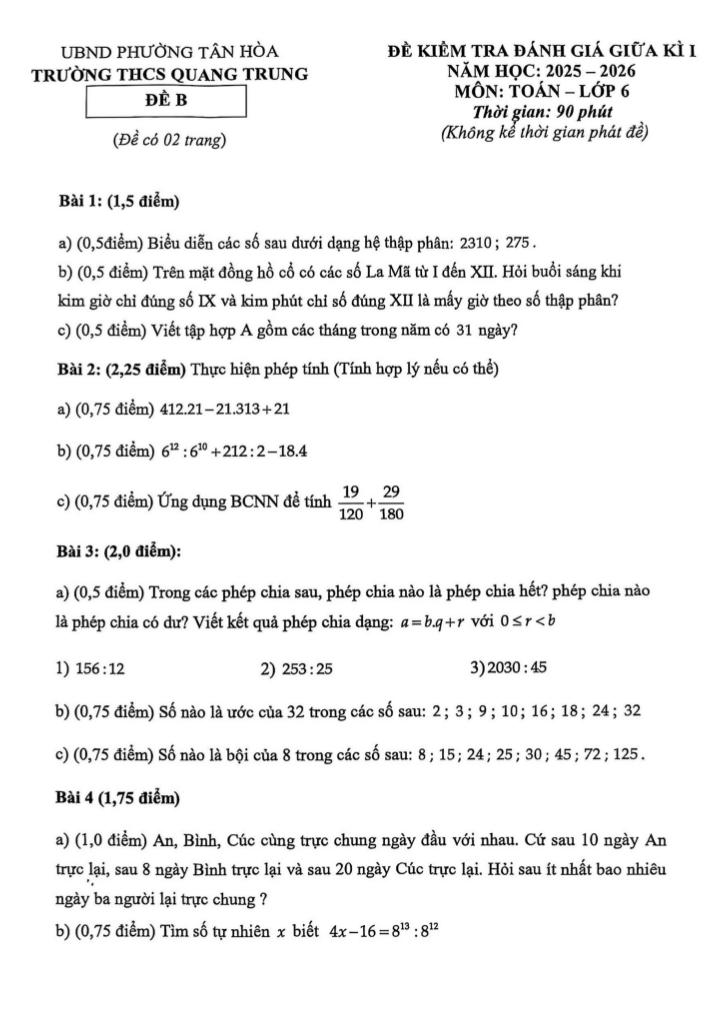 đề giữa kì 1 toán 6 năm 2025 – 2026 trường thcs quang trung – tp hcm 0