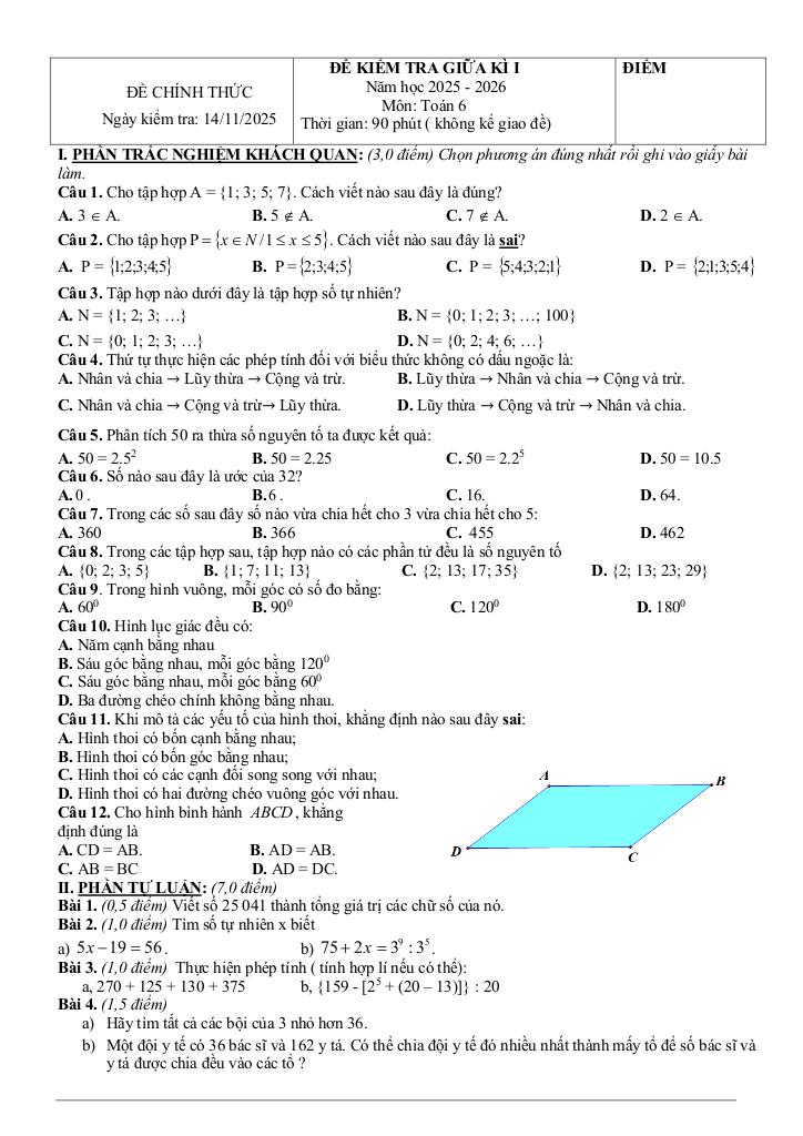 đề giữa kì 1 toán 6 năm 2025 – 2026 trường thcs trần quý cáp – đà nẵng 0