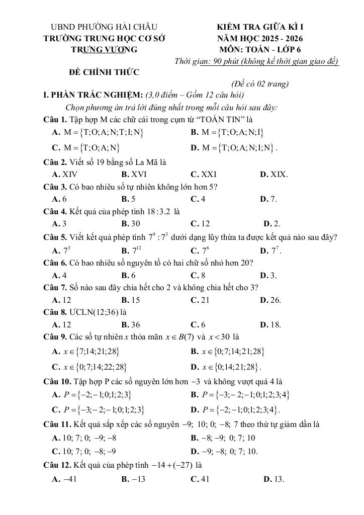 đề giữa kì 1 toán 6 năm 2025 – 2026 trường thcs trưng vương – đà nẵng 0