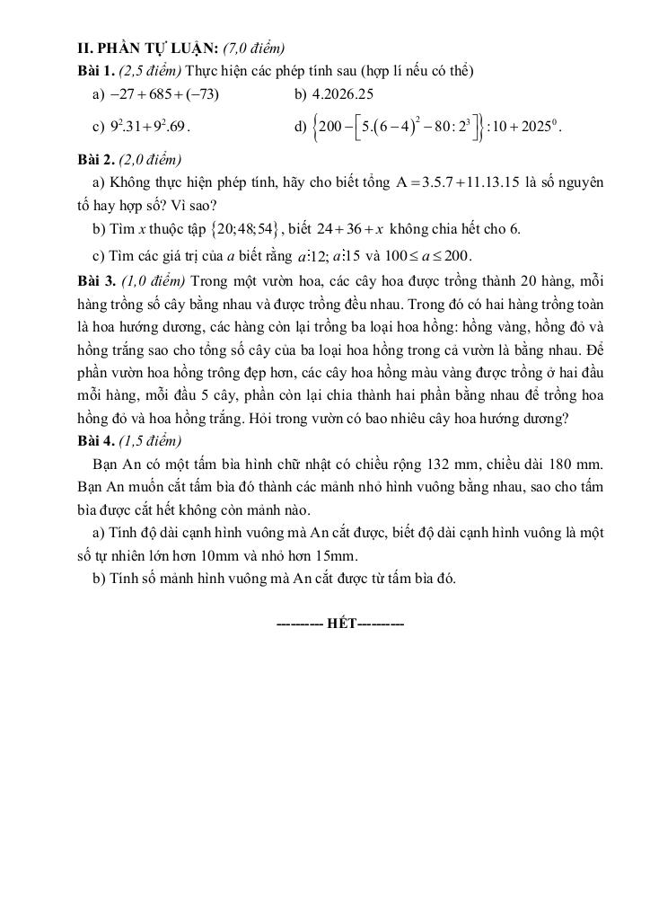 đề giữa kì 1 toán 6 năm 2025 – 2026 trường thcs trưng vương – đà nẵng 1