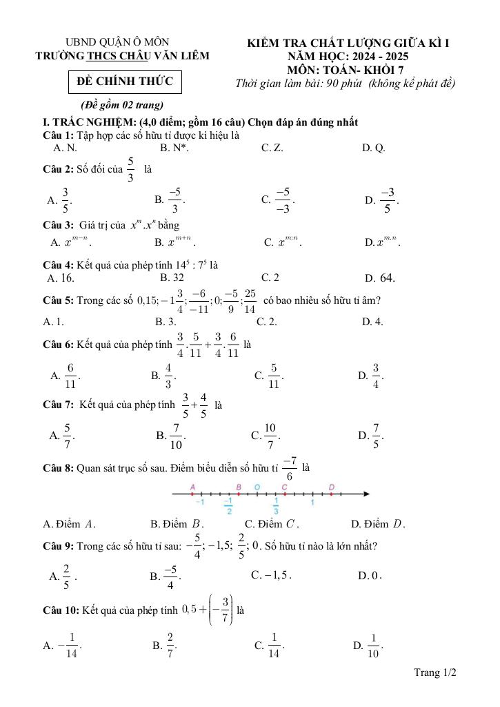 đề giữa kì 1 toán 7 năm 2024 – 2025 trường thcs châu văn liêm – cần thơ 0