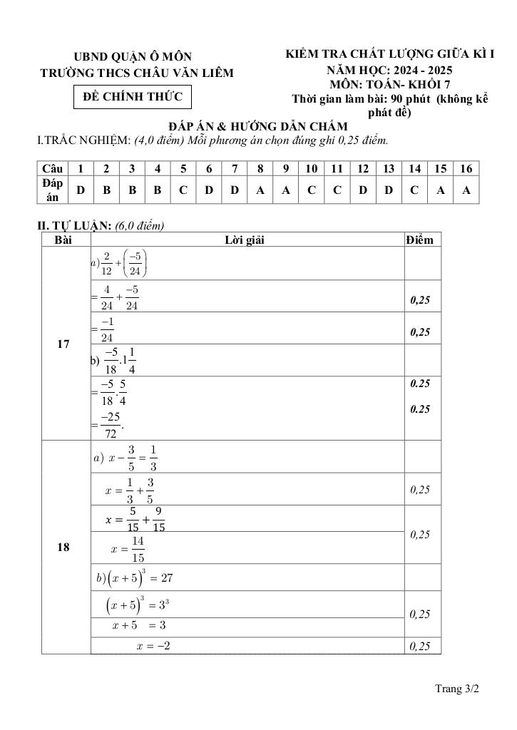 đề giữa kì 1 toán 7 năm 2024 – 2025 trường thcs châu văn liêm – cần thơ 2
