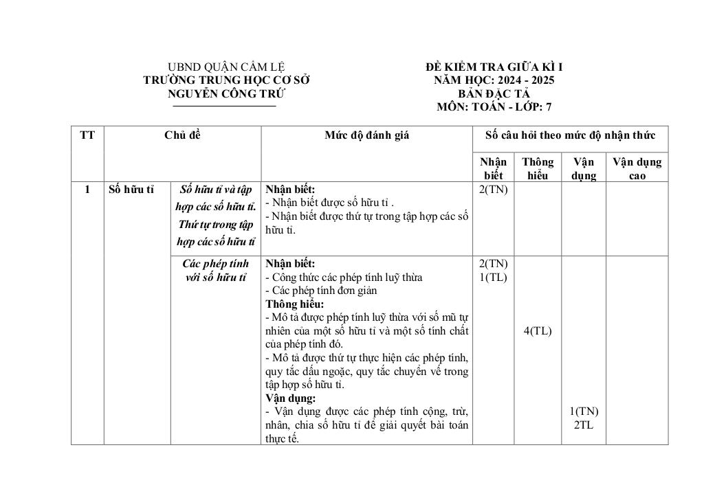 đề giữa kì 1 toán 7 năm 2024 – 2025 trường thcs nguyễn công trứ – đà nẵng 2