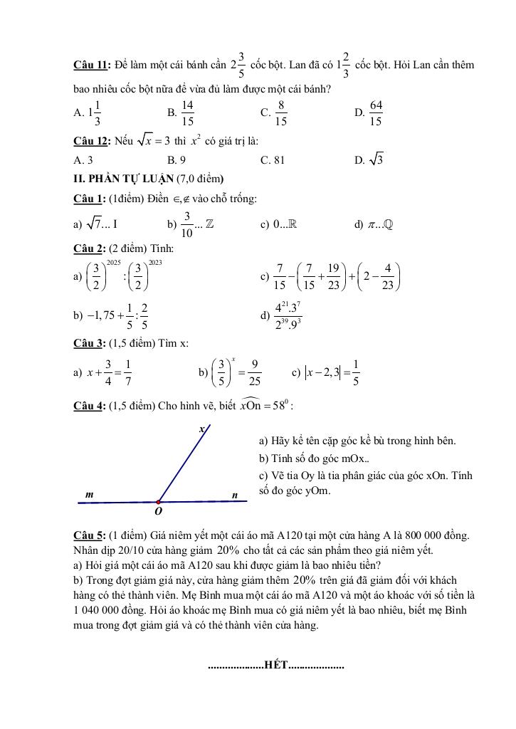 đề giữa kì 1 toán 7 năm 2024 – 2025 trường thcs nguyễn công trứ – đà nẵng 6