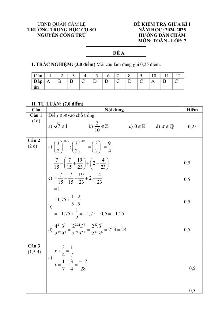 đề giữa kì 1 toán 7 năm 2024 – 2025 trường thcs nguyễn công trứ – đà nẵng 7