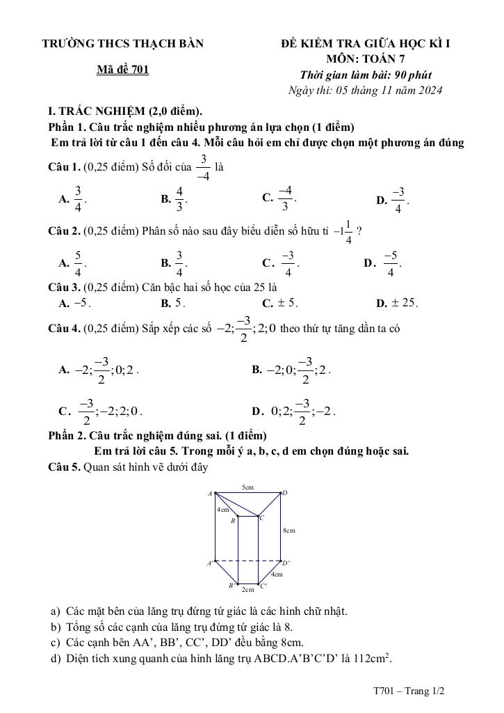 đề giữa kì 1 toán 7 năm 2024 – 2025 trường thcs thạch bàn – hà nội 0