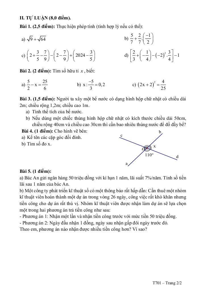 đề giữa kì 1 toán 7 năm 2024 – 2025 trường thcs thạch bàn – hà nội 1