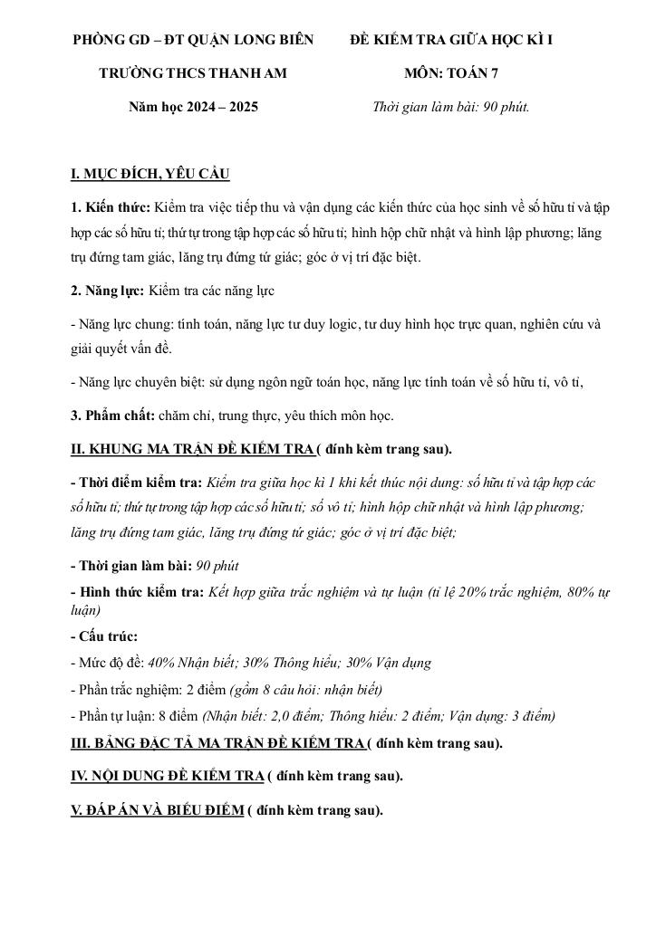 đề giữa kì 1 toán 7 năm 2024 – 2025 trường thcs thanh am – hà nội 0