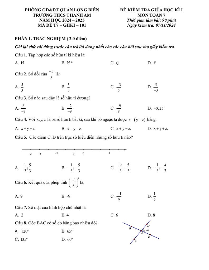 đề giữa kì 1 toán 7 năm 2024 – 2025 trường thcs thanh am – hà nội 4