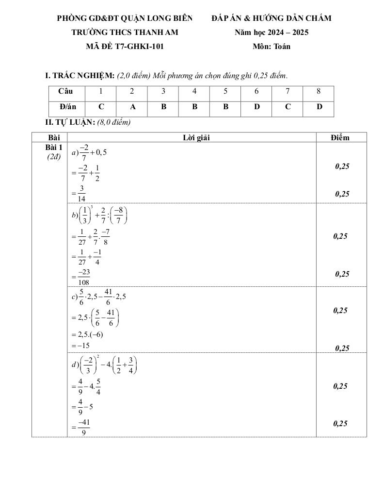 đề giữa kì 1 toán 7 năm 2024 – 2025 trường thcs thanh am – hà nội 6