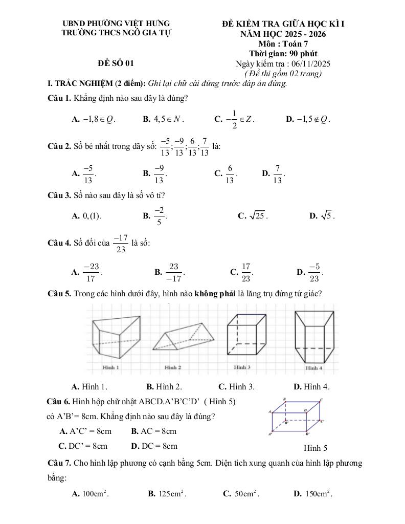 đề giữa kì 1 toán 7 năm 2025 – 2026 trường thcs ngô gia tự – hà nội 0