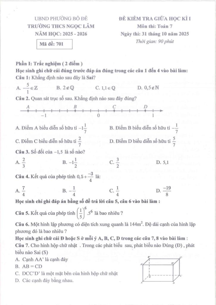 đề giữa kì 1 toán 7 năm 2025 – 2026 trường thcs ngọc lâm – hà nội 0